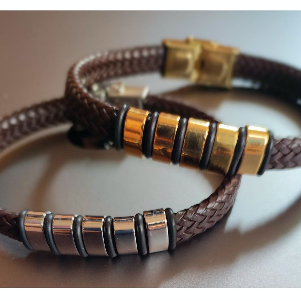 OEM - Pulsera Hombre Cuero Trenzado Franjas Acero Inoxidable 316L