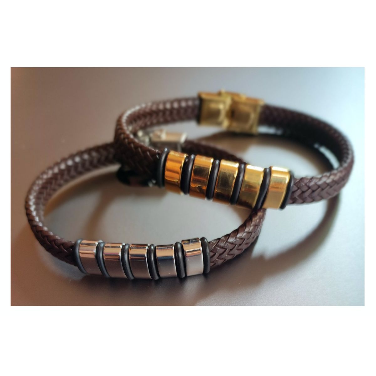 OEM - Pulsera Hombre Cuero Trenzado Franjas Acero Inoxidable 316L