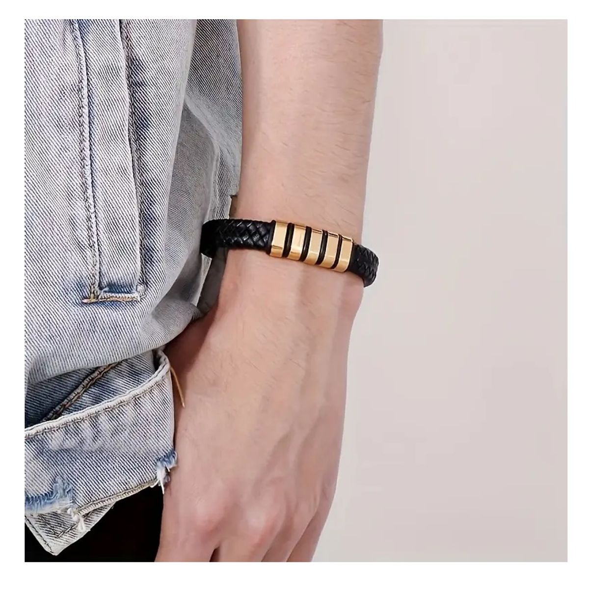 OEM - Pulsera Hombre Cuero Trenzado Franjas Acero Inoxidable 316L x SAN VALENTIN