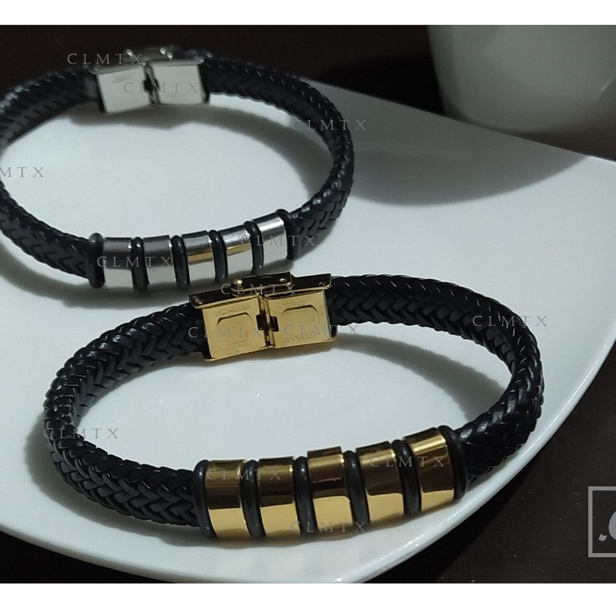 OEM - Pulsera Hombre Cuero Trenzado Franjas Acero Inoxidable 316L x SAN VALENTIN