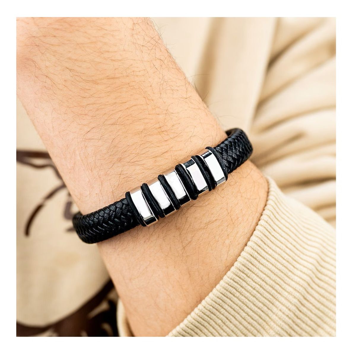 OEM - Pulsera Hombre Cuero Trenzado Franjas Acero Inoxidable 316L x SAN VALENTIN
