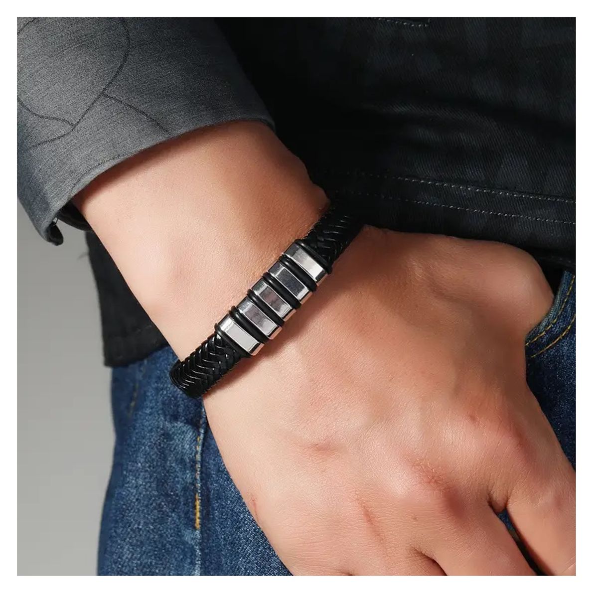 OEM - Pulsera Hombre Cuero Trenzado Franjas Acero Inoxidable 316L x SAN VALENTIN