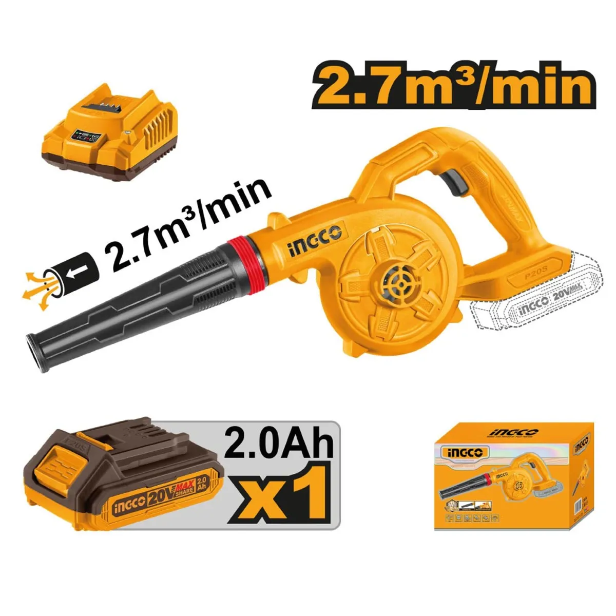 INGCO TOOLS - SOPLADORA INALÁMBRICA INGCO 20V + BATERÍA 20AH + CARGADOR CABLI200281