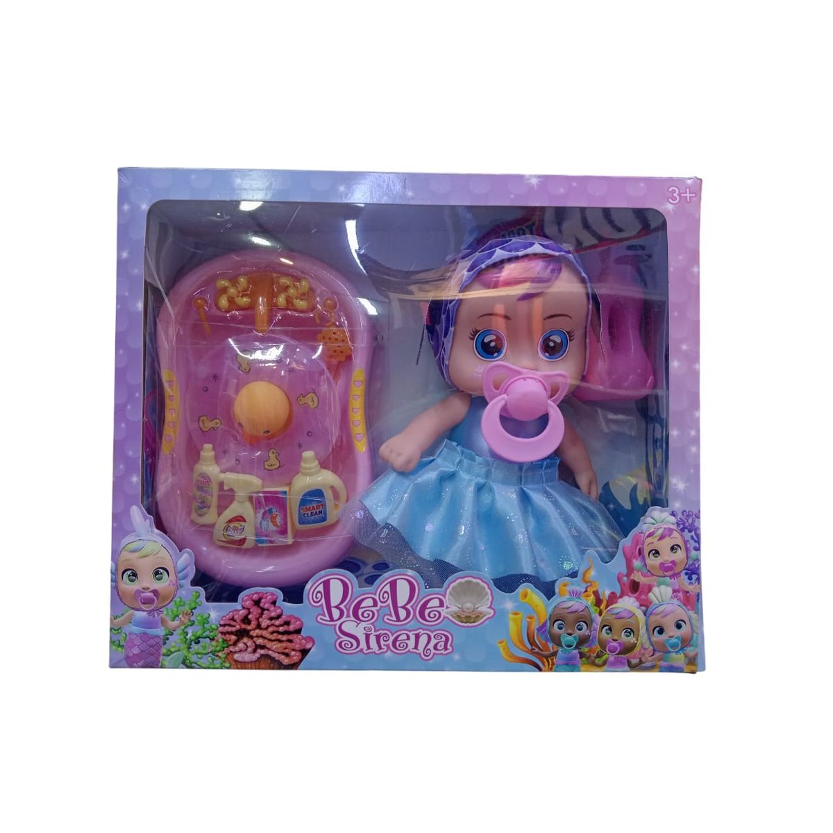 GENERICO - MUÑECA BEBE SIRENA CON BAÑERA Y ACCESORIOS