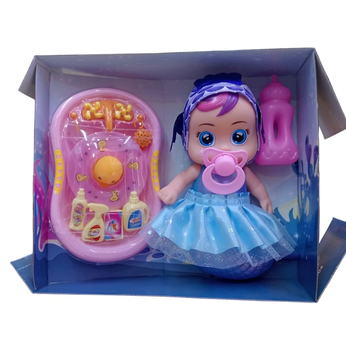 GENERICO - MUÑECA BEBE SIRENA CON BAÑERA Y ACCESORIOS