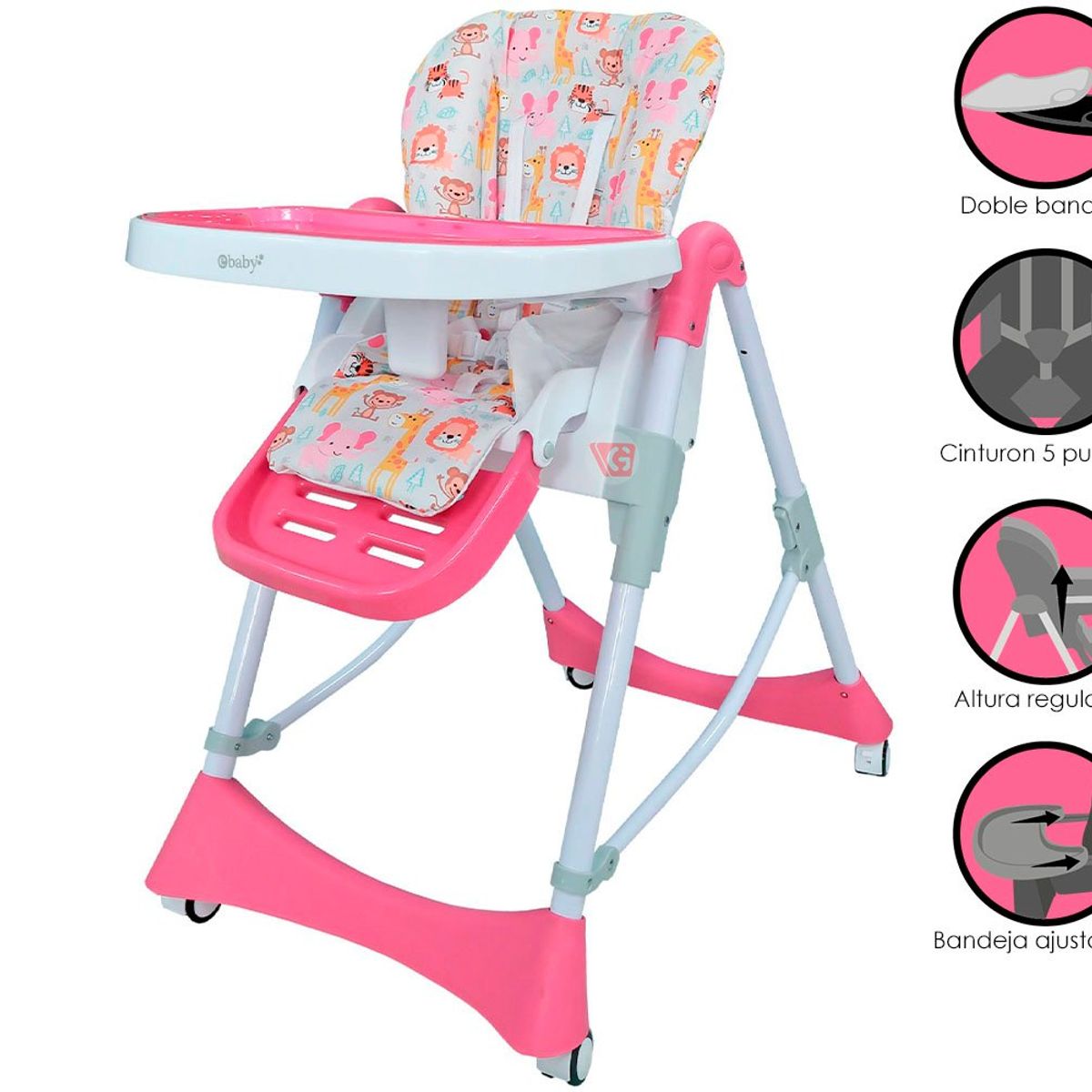 EBABY - Silla de Comer Regulable LORI 624 Rosado Animales