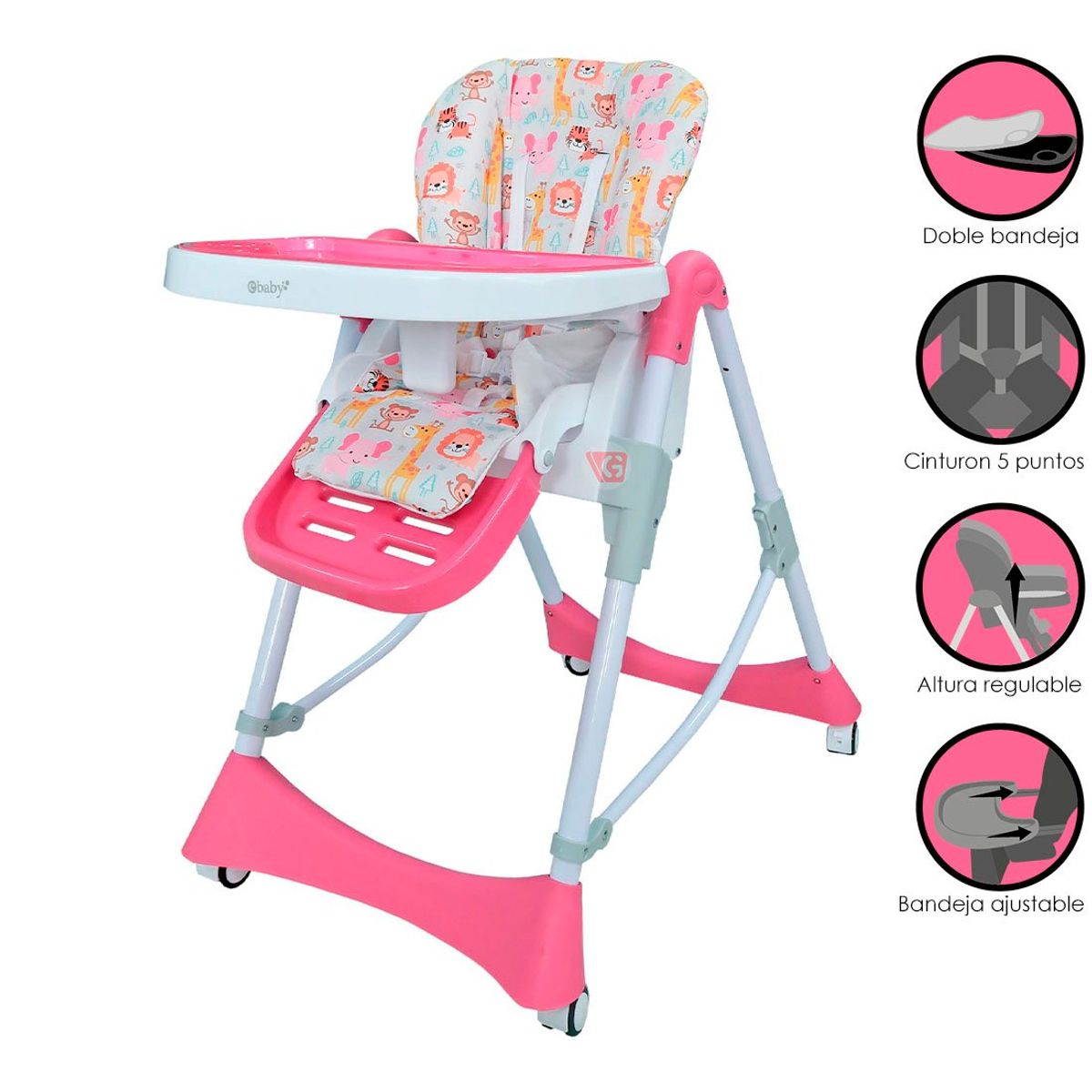 EBABY - Silla de Comer Regulable LORI 624 Rosado Animales