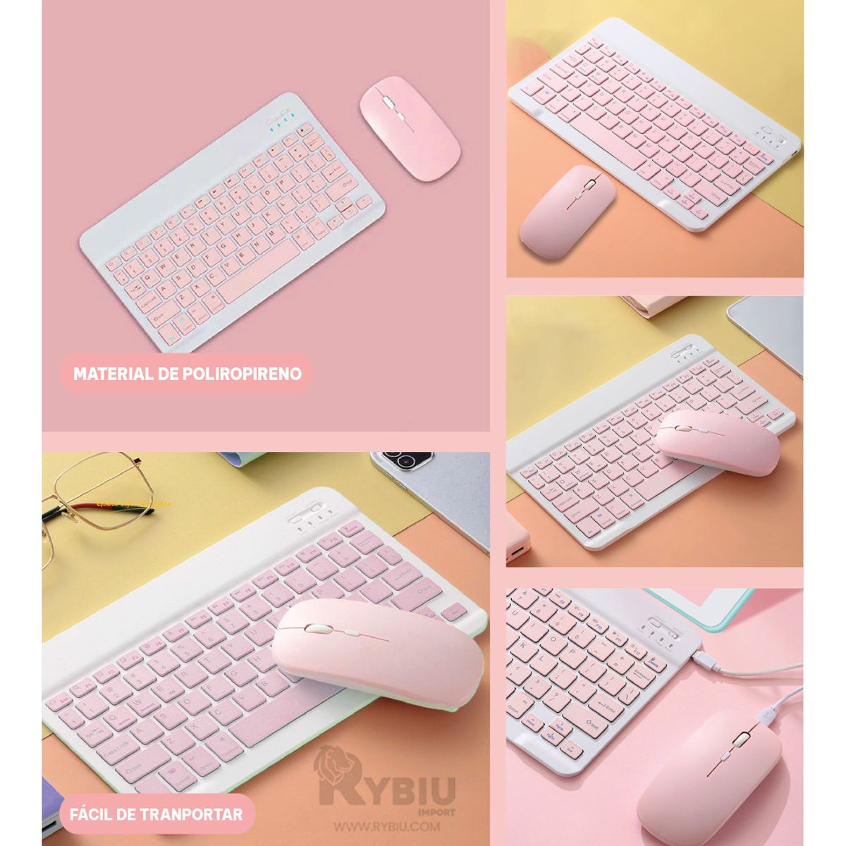 GENERICO - Combo de Teclado y Mouse Bluetooth Rosado Y+Ligas de Regalo