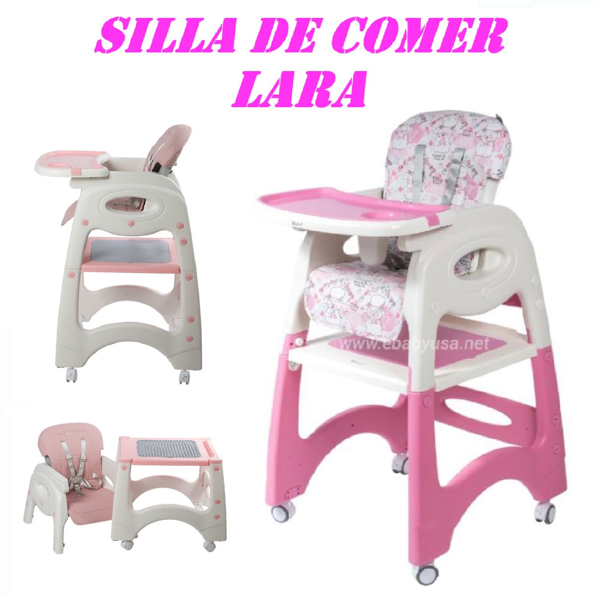 EBABY - Nueva Silla de Comer Reclinable 4 en 1 Lara -Rosa