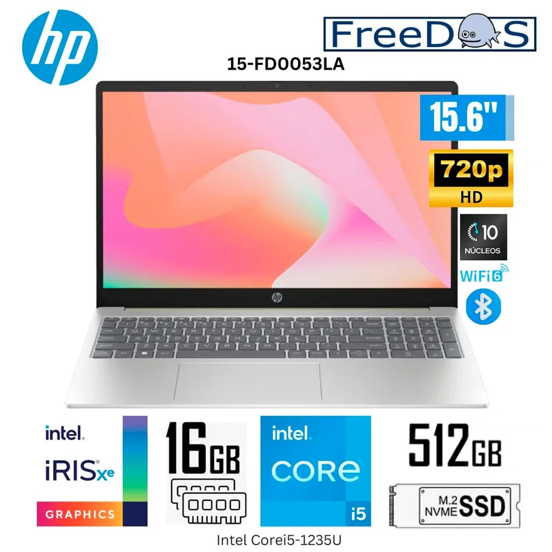 HP - LAPTOP HP 15-FD0053LA INTEL CORE i5 1235U 12°Gen 156” HD 16GB RAM 512GB SSD Intel® Iris® Xᵉ W11
