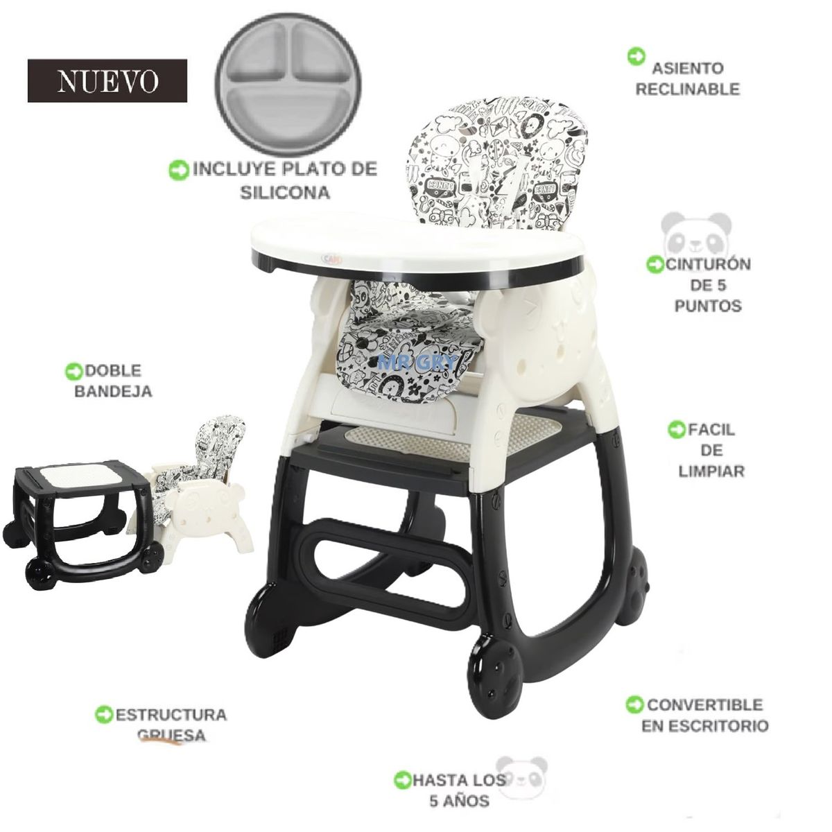 GENERICO - Silla de Comer para Bebe 3 en 1 Osito Negro