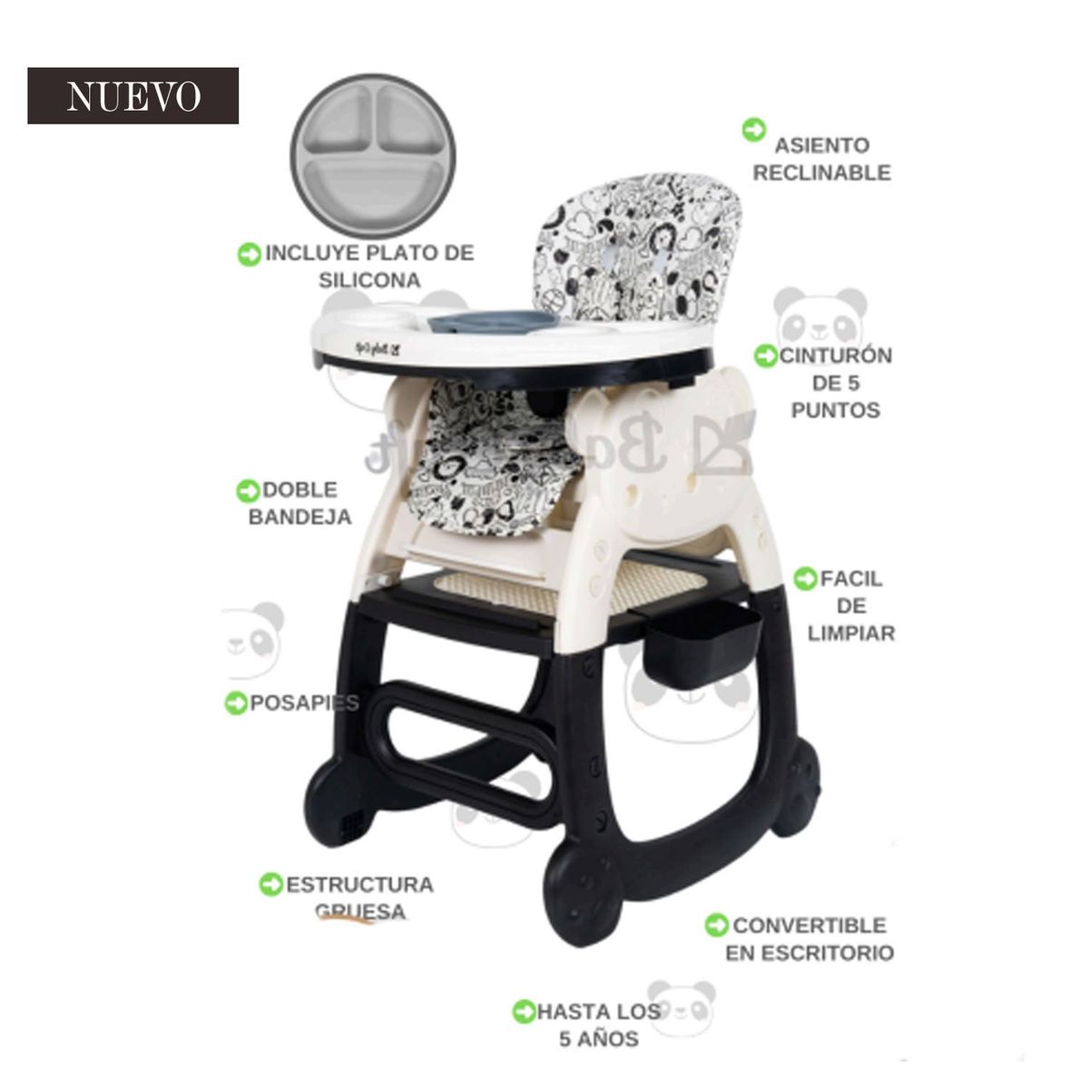 GENERICO - Silla de Comer para Bebe 3 en 1 Osito Negro