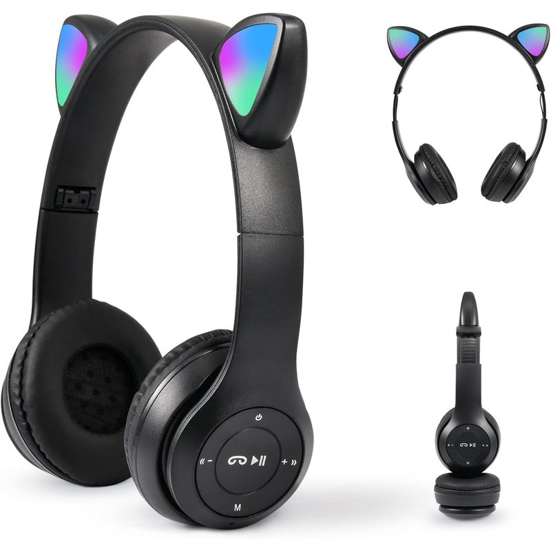 GENERICO - Audífonos Cat Orejas de Gato LED Bluetooth con Micrófono - negro