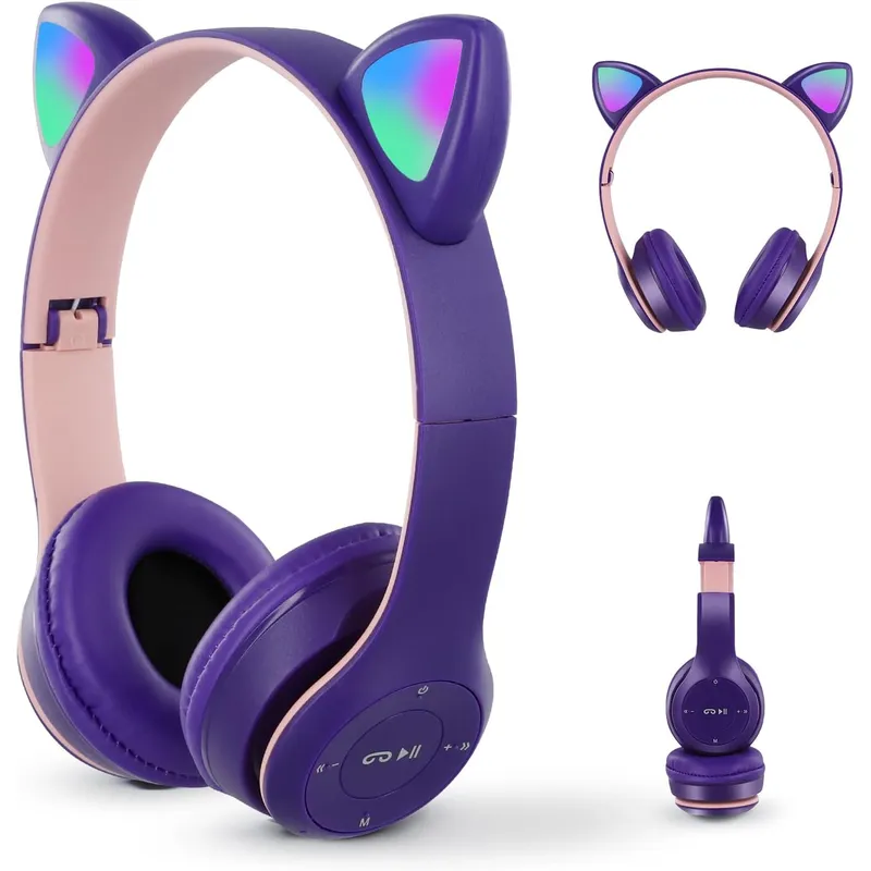 GENERICO - Audífonos Cat Orejas de Gato LED Bluetooth con Micrófono - morado