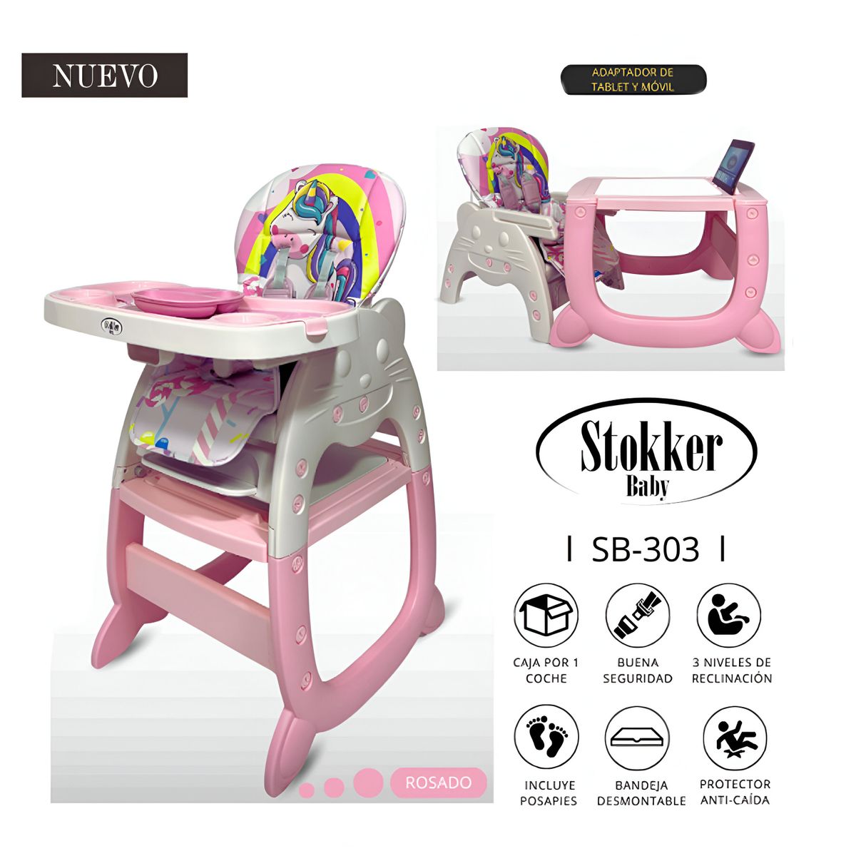 STOKKER BABY - Silla de Comer Carpeta Gato 4 en 1 Rosado con Plato y Lego
