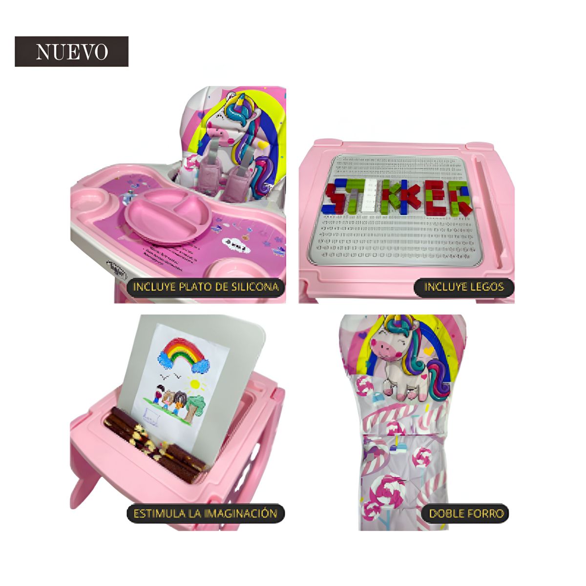 STOKKER BABY - Silla de Comer Carpeta Gato 4 en 1 Rosado con Plato y Lego