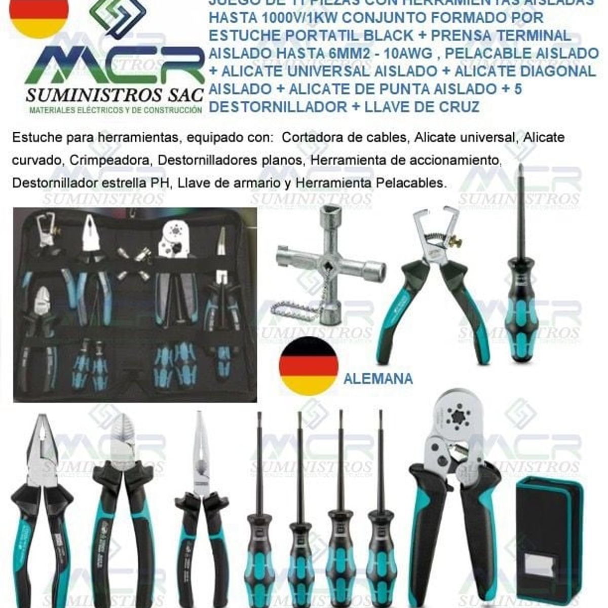 GENERICO - JUEGO DE 11 PIEZAS DE HERRAMIENTAS AISLADO DIELECTRICO HASTA 1000V