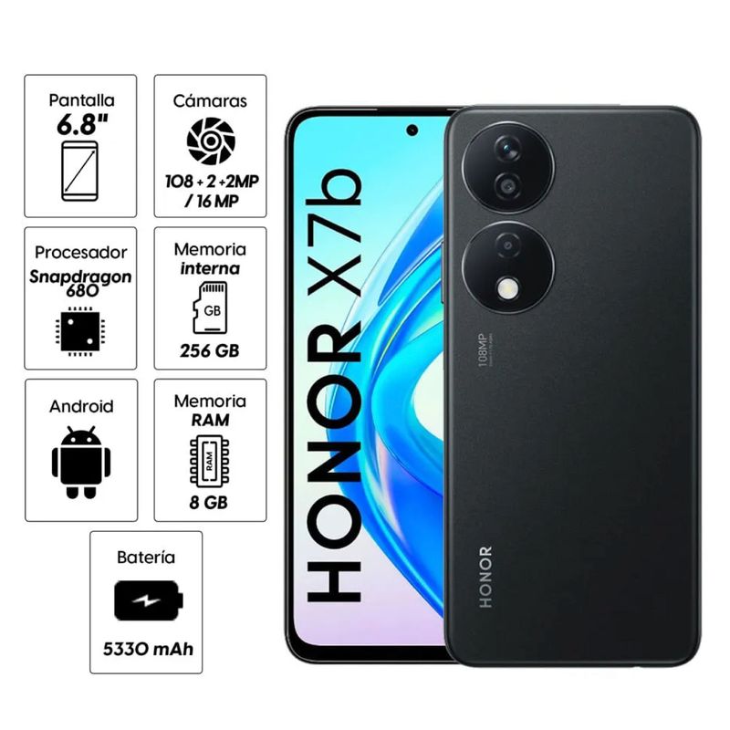 HONOR - Celular Honor X7B 256GB 8GB ram cámara principal 108MP + 5MP + 2MP8MP 6 NEGRO
