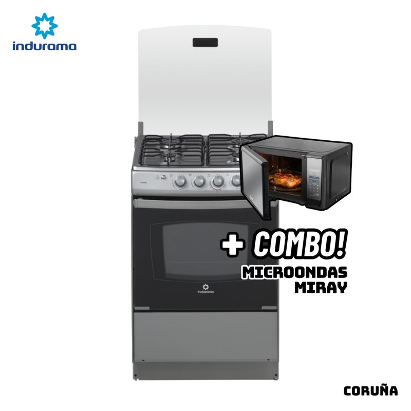 INDURAMA - COCINA DE PIE INDURAMA A GAS 4 HORNILLAS ACERO INOX - CORUÑA + MICROONDAS MIRAY HMM-20N