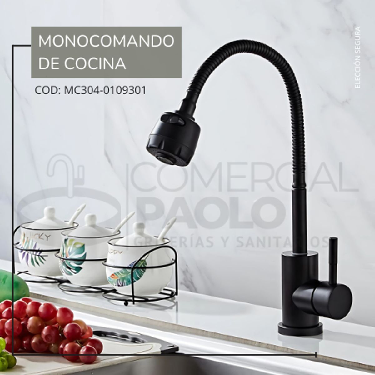 GENERICO - MEZCLADORA MONOCOMANDO DE COCINA FLEXIBLE NEGRO MC304-0109301