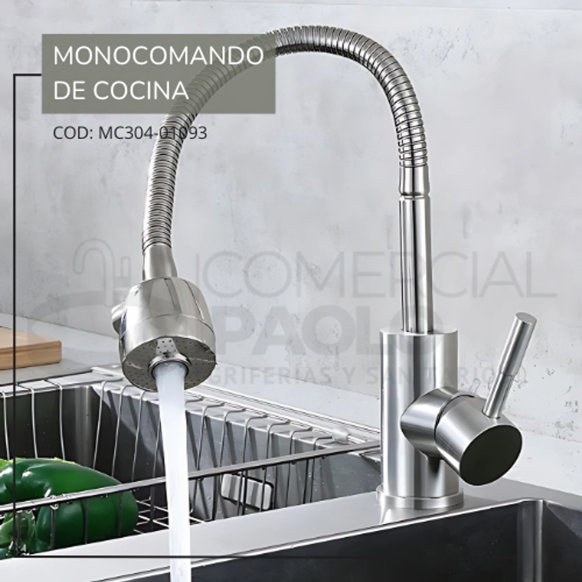 GENERICO - MEZCLADORA MONOCOMANDO DE COCINA FLEXIBLE SATINADO MC304-01093