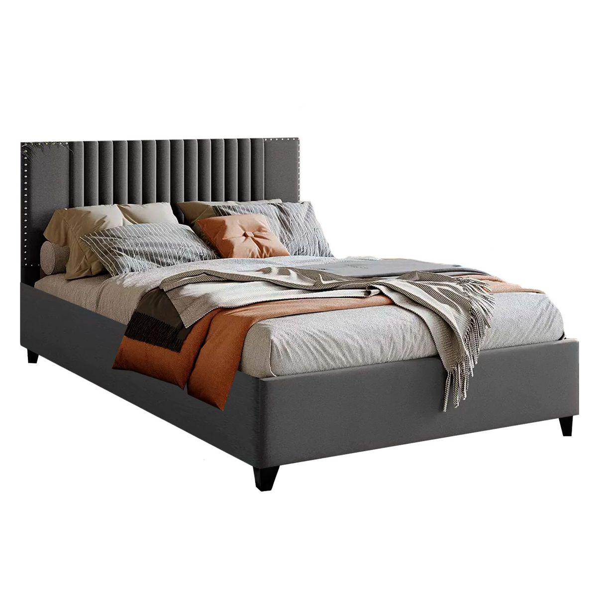 GENERICO - Cama Tapizada Listón Iris Gris Oscuro Queen