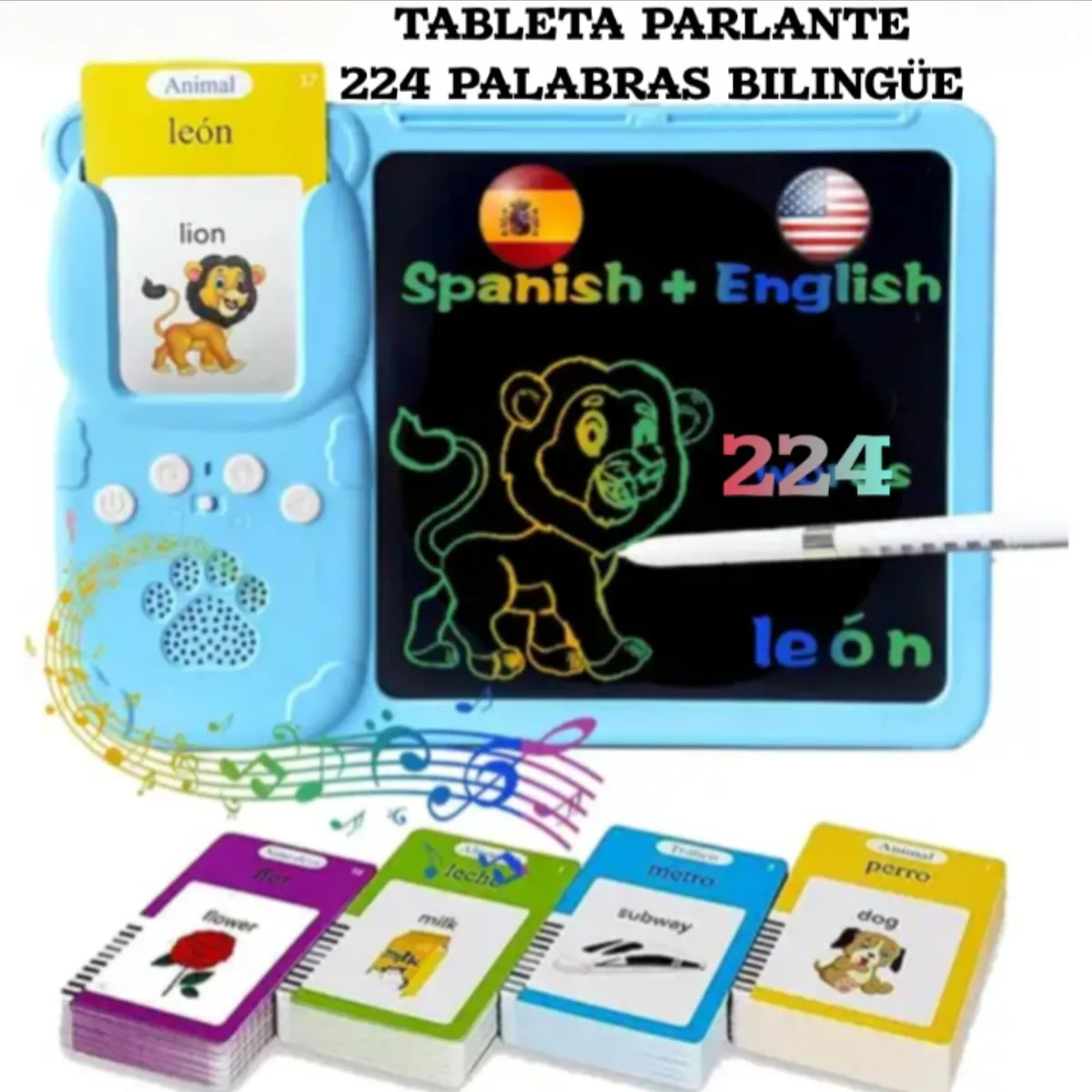 OEM - Tableta Didáctico Parlante 224 palabras Español Inglés CELESTE