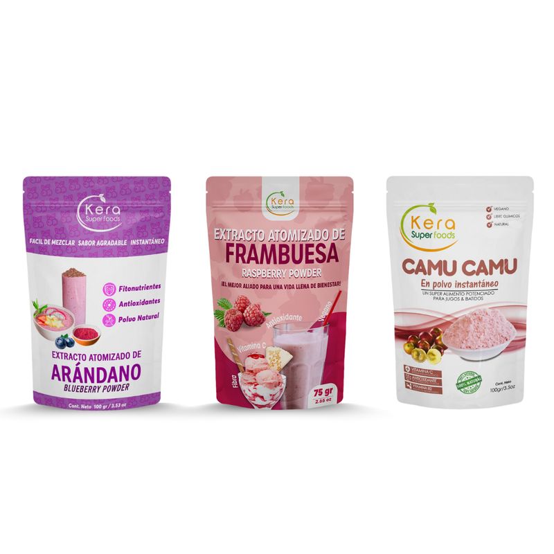 KERA SUPERFOODS - PACK POLVOS ATOMIZADOS ARANDANO 100G + FRAMBUESA 75G + CAMU CAMU 100G