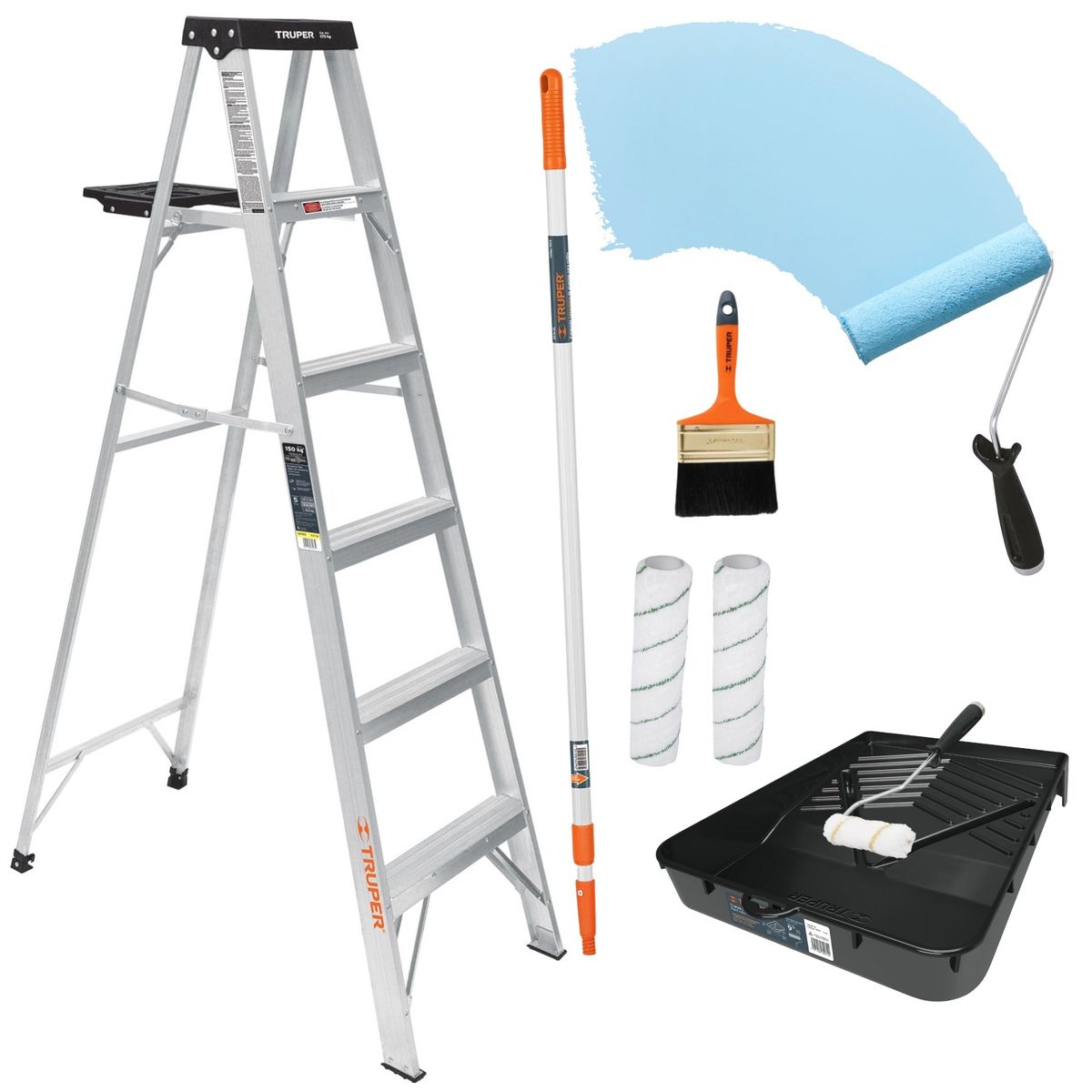 TRUPER - Escalera tijera 5 peldaños, kit rodillo pintor COMBO MEGADUMBO FINO ACABADO