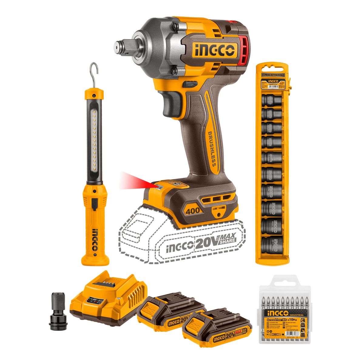 INGCO TOOLS - Llave de impacto 400nm + lampara y dados Ingco