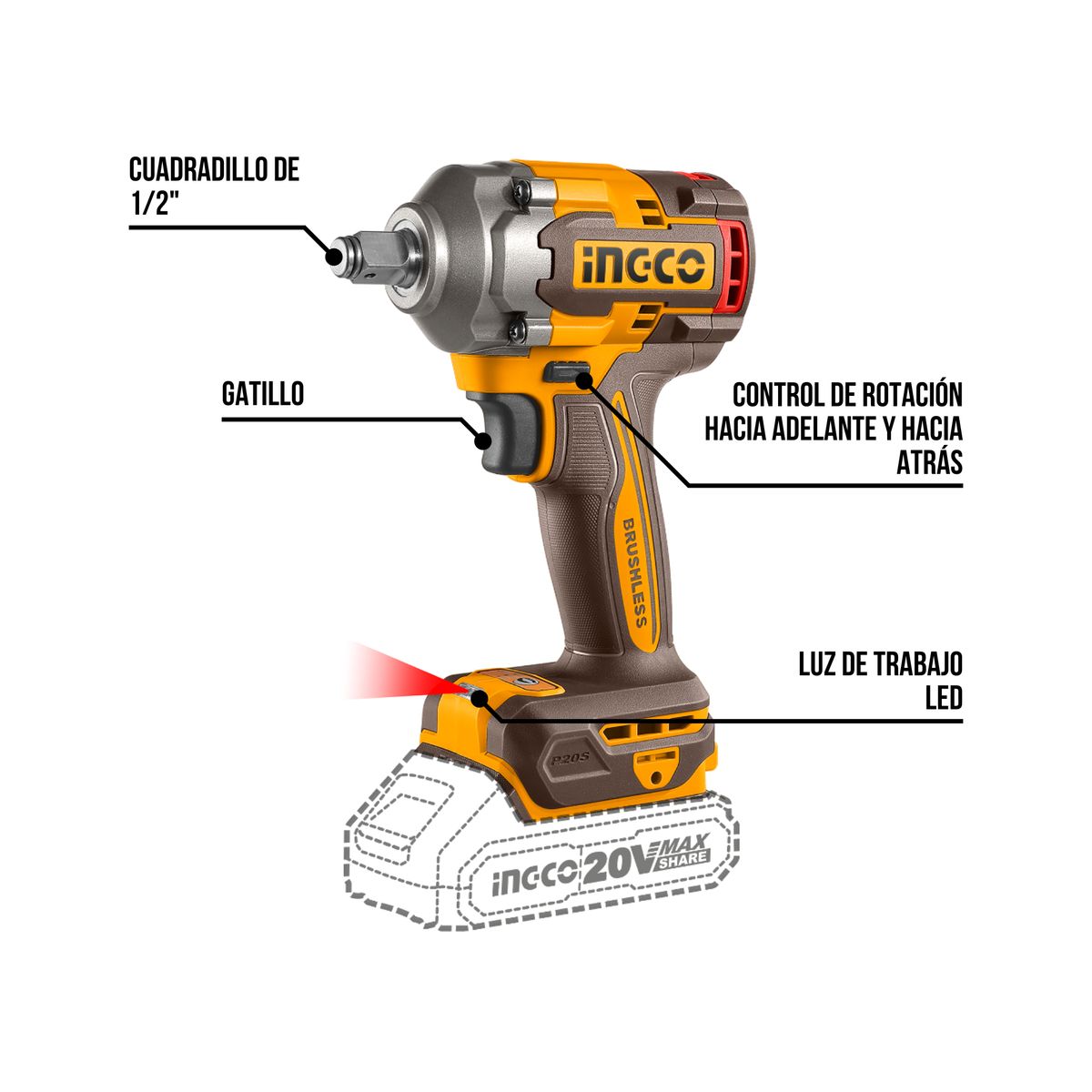 INGCO TOOLS - Llave de impacto 400nm + lampara y dados Ingco