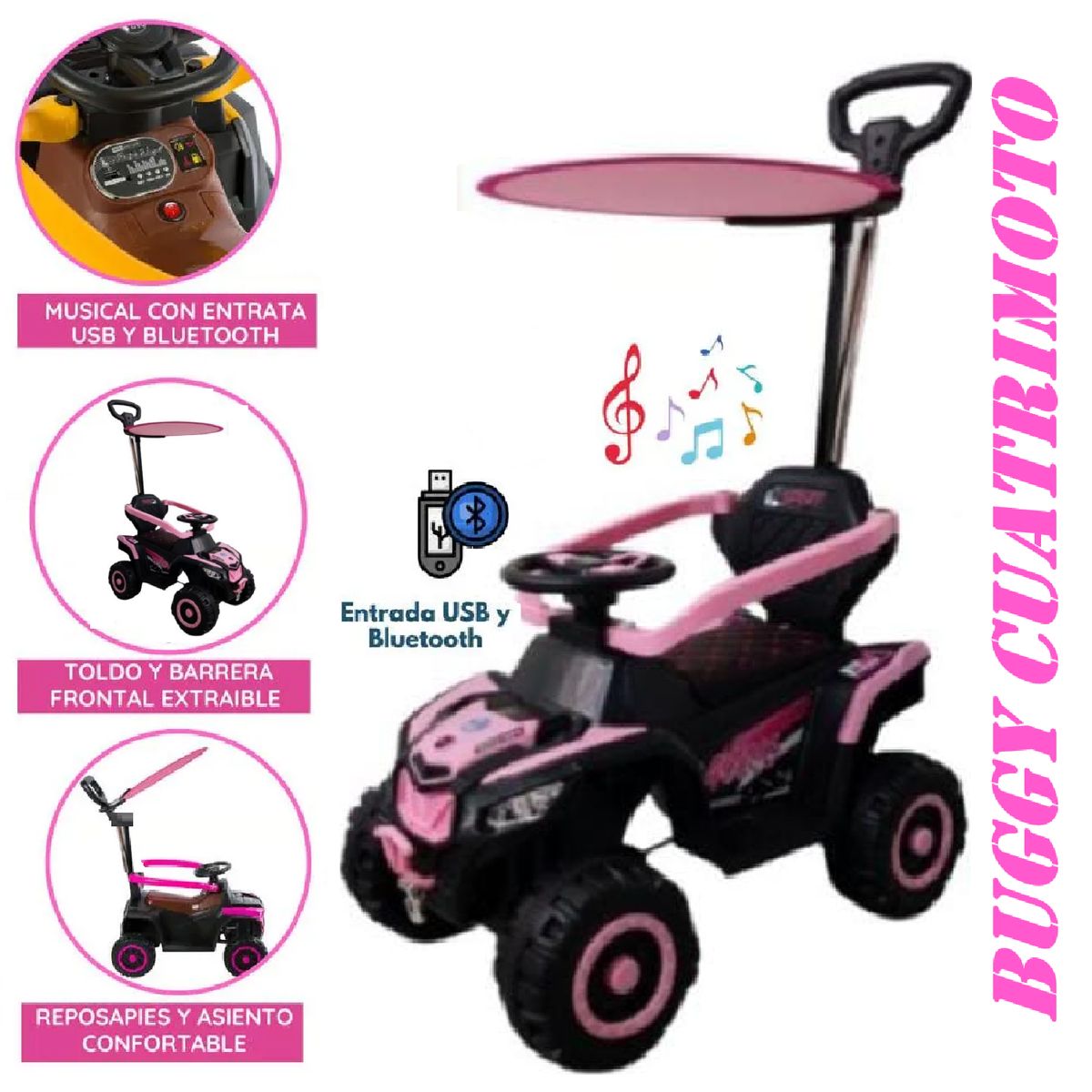 GENERICO - Bugui Cuatrimoto Tractor Bluetooh Musical con Luces -rosado