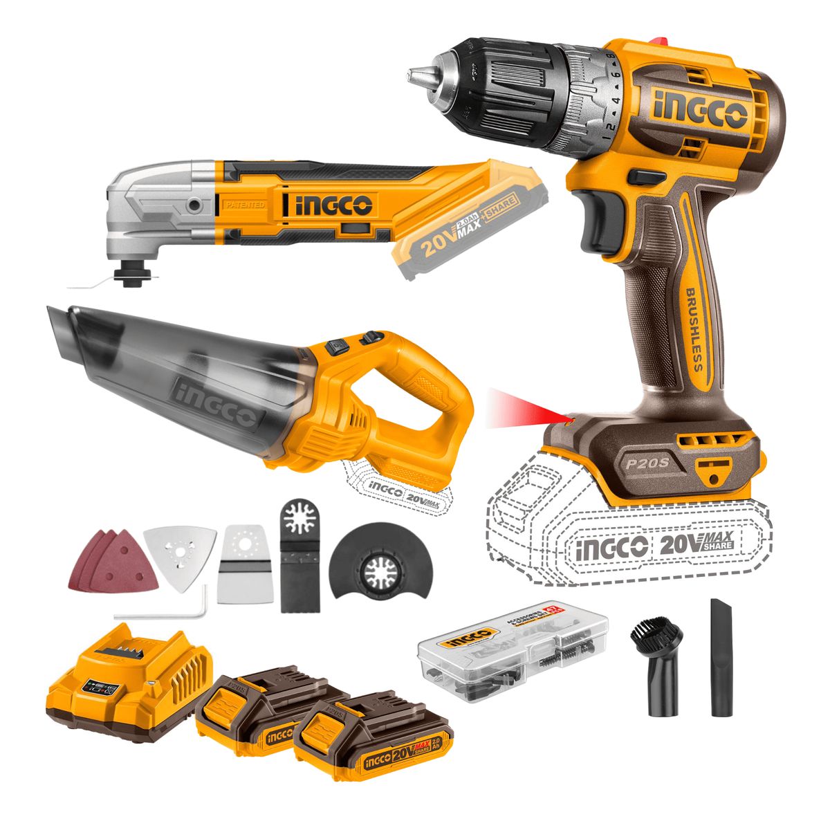 INGCO TOOLS - Kit Taladro Atornillador 20V 52NM + Herramienta Mult + Aspirador Ingco