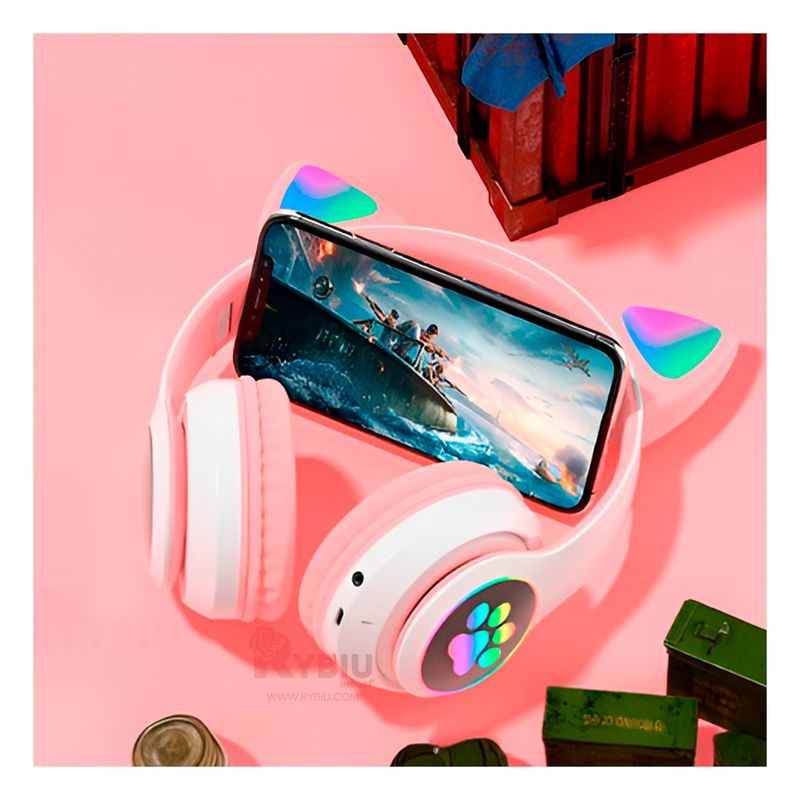 GENERICO - Audifonos con Tematica de Gato y con Luces en Tono Rosado