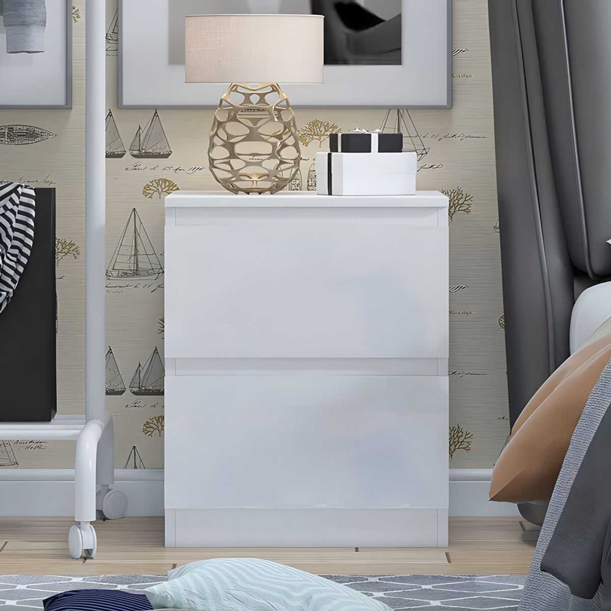 GENERICO - Velador Mesa de Noche Francine 2 Cajones Blanco Huk