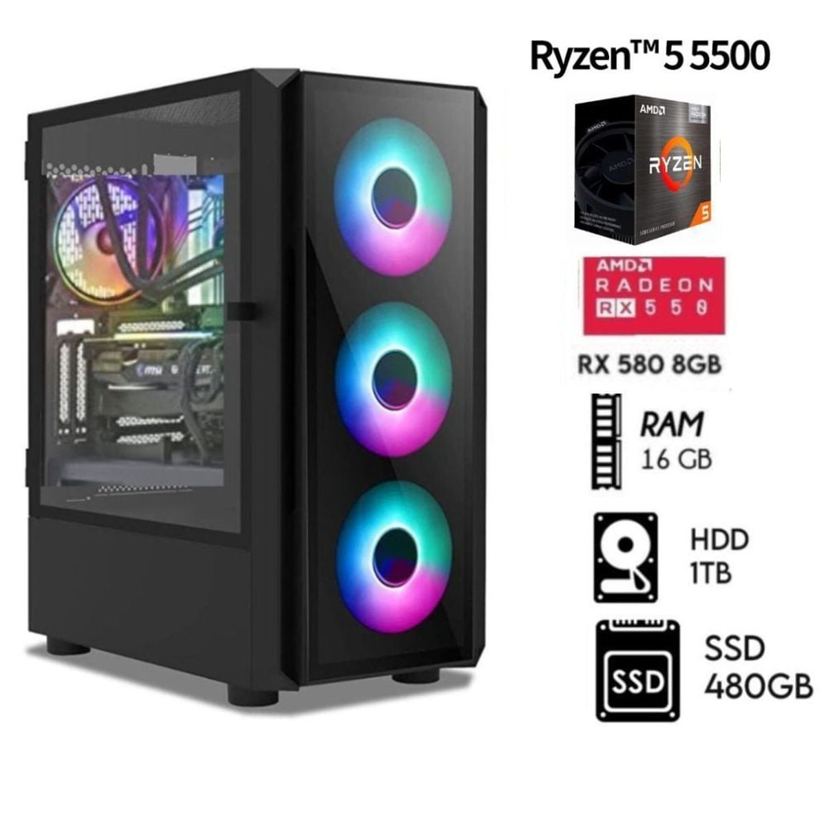 AMD - COMPUTADORA PC GAMER  RYZEN 5-5TH Ram16GB DISCO 1TB+SSD 480GB VIDEO RX 580 8GB