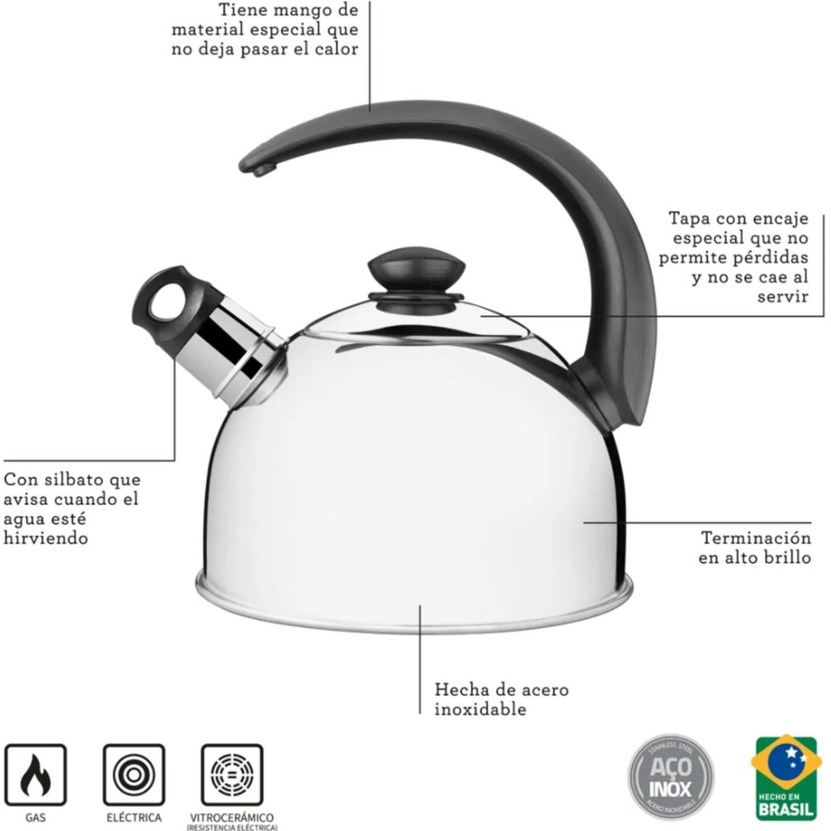 TRAMONTINA - Tetera con Silbato de Acero Inoxidable 2,1 L Tramontina plata