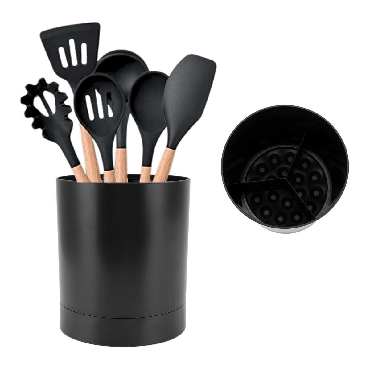 HOGARMAS - Porta Utensilios Giratorio con 3 Divisiones Negro