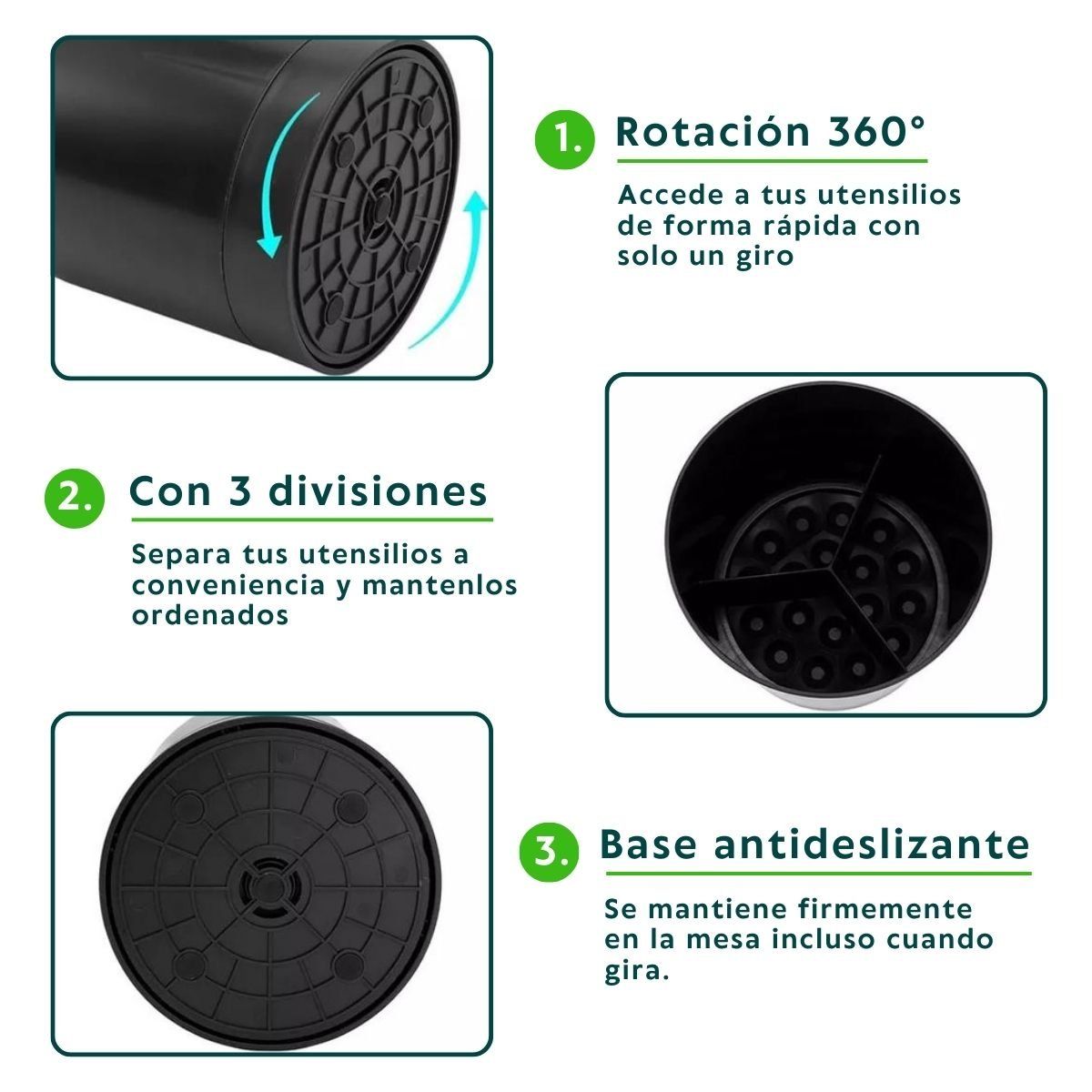 HOGARMAS - Porta Utensilios Giratorio con 3 Divisiones Negro