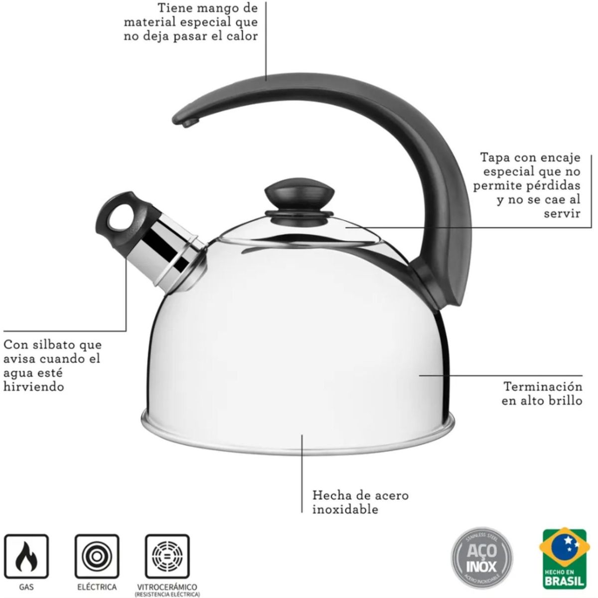 TRAMONTINA - Tetera con Silbato de Acero Inoxidable 2,1 L Tramontina