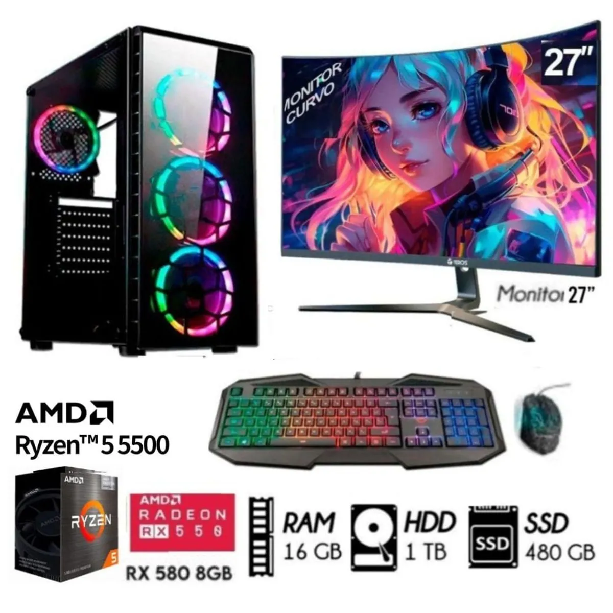 AMD - COMPUTADORA PC GAMER RYZEN 5-5TH Ram16GB DISCO1TB+SSD 480GB VIDEO RX 580 8GB M27
