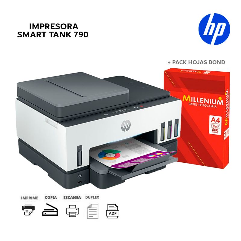 HP - Multifuncional HP Smart Tank 790 Color,Wi-Fi,Dúplex, ADF+Papel Bond A4
