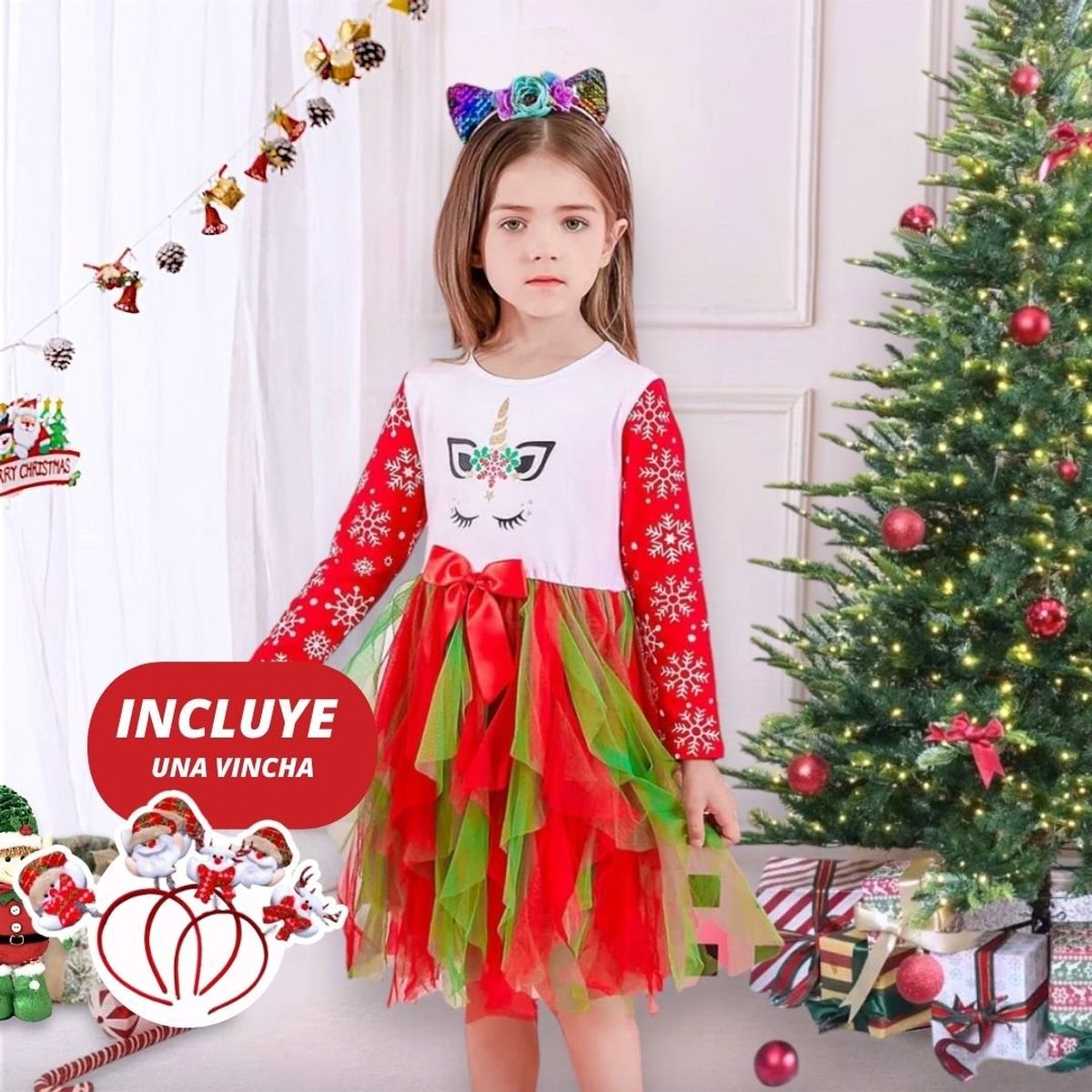 GENERICO - VESTIDO DE NAVIDAD PARA NIÑA - INCLUYE VINCHA