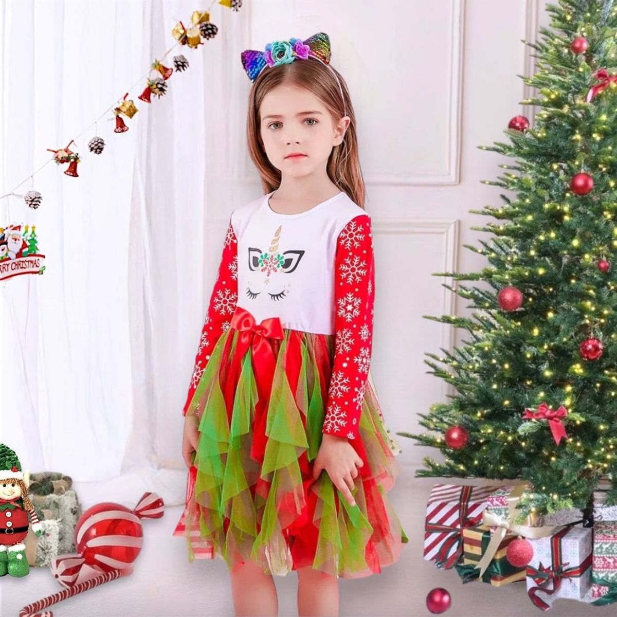 GENERICO - VESTIDO DE NAVIDAD PARA NIÑA - INCLUYE VINCHA