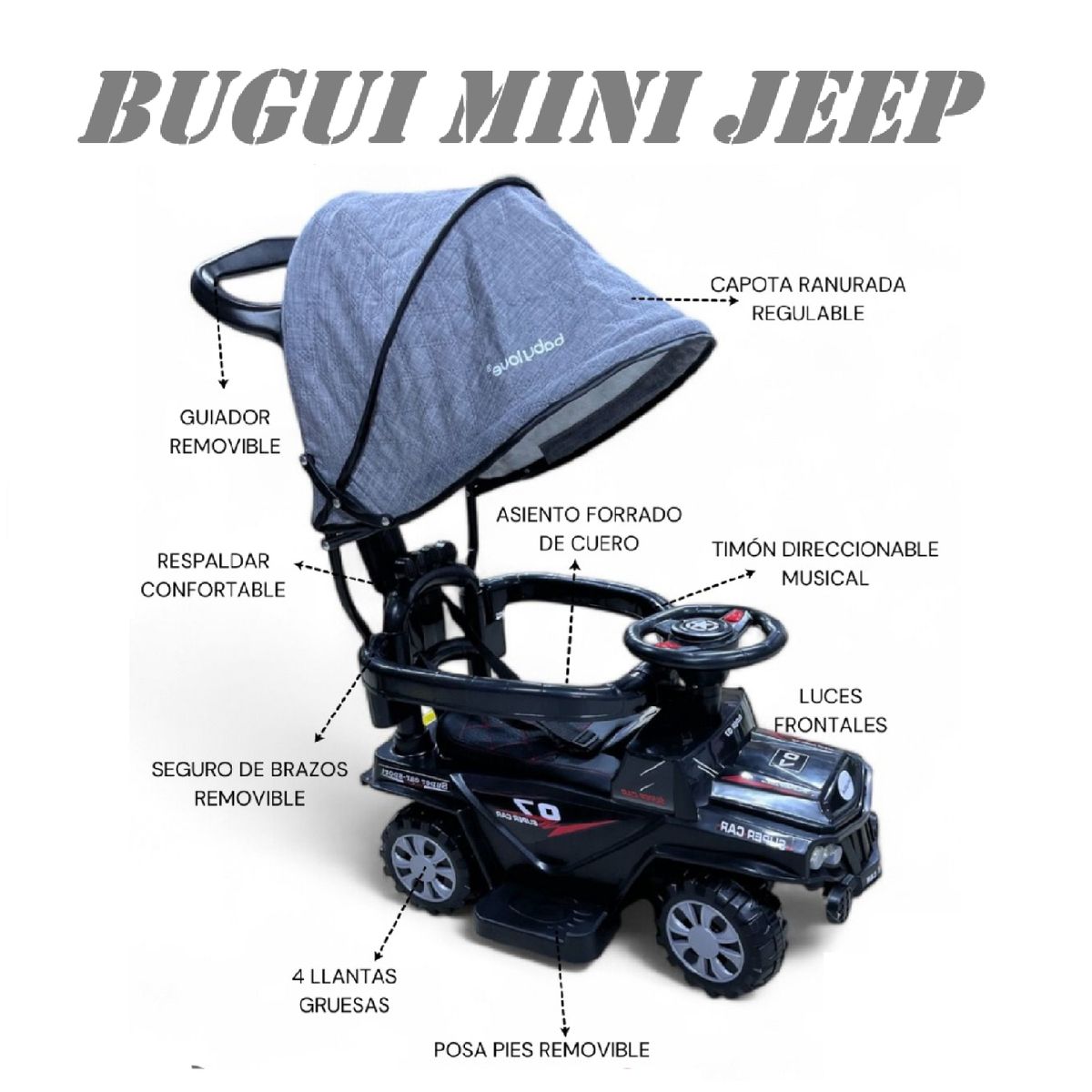 GENERICO - Nuevo Bugui Guiador Mini Jeep Musical y con Luces -Negro