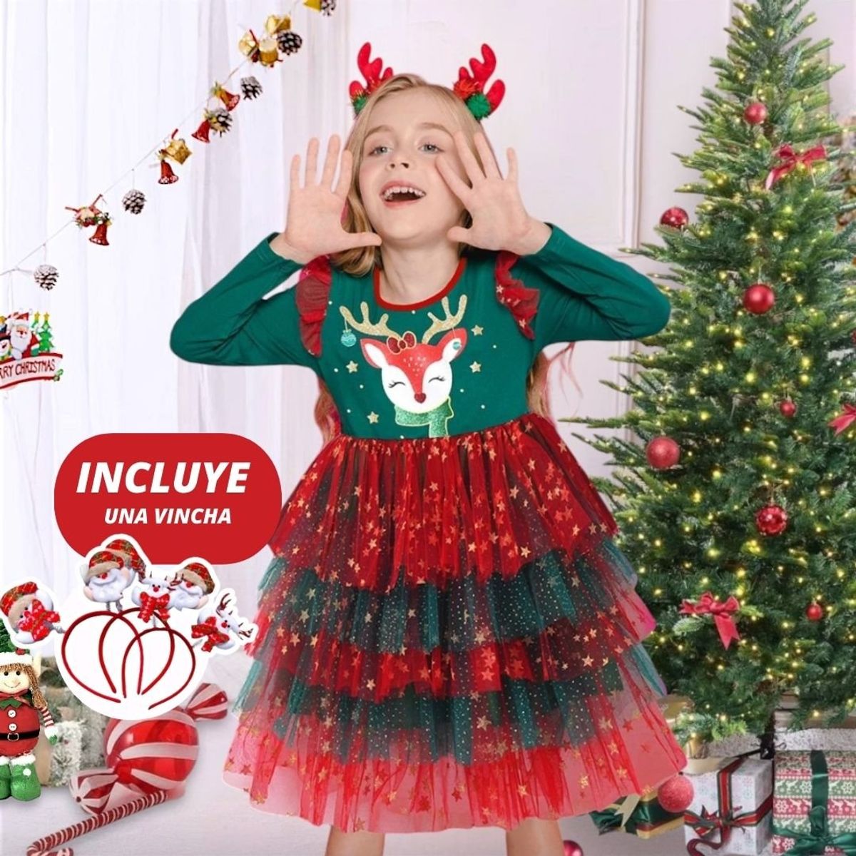 GENERICO - VESTIDO DE NAVIDAD PARA NIÑA - MODELO CASUAL- INCLUYE VINCHA