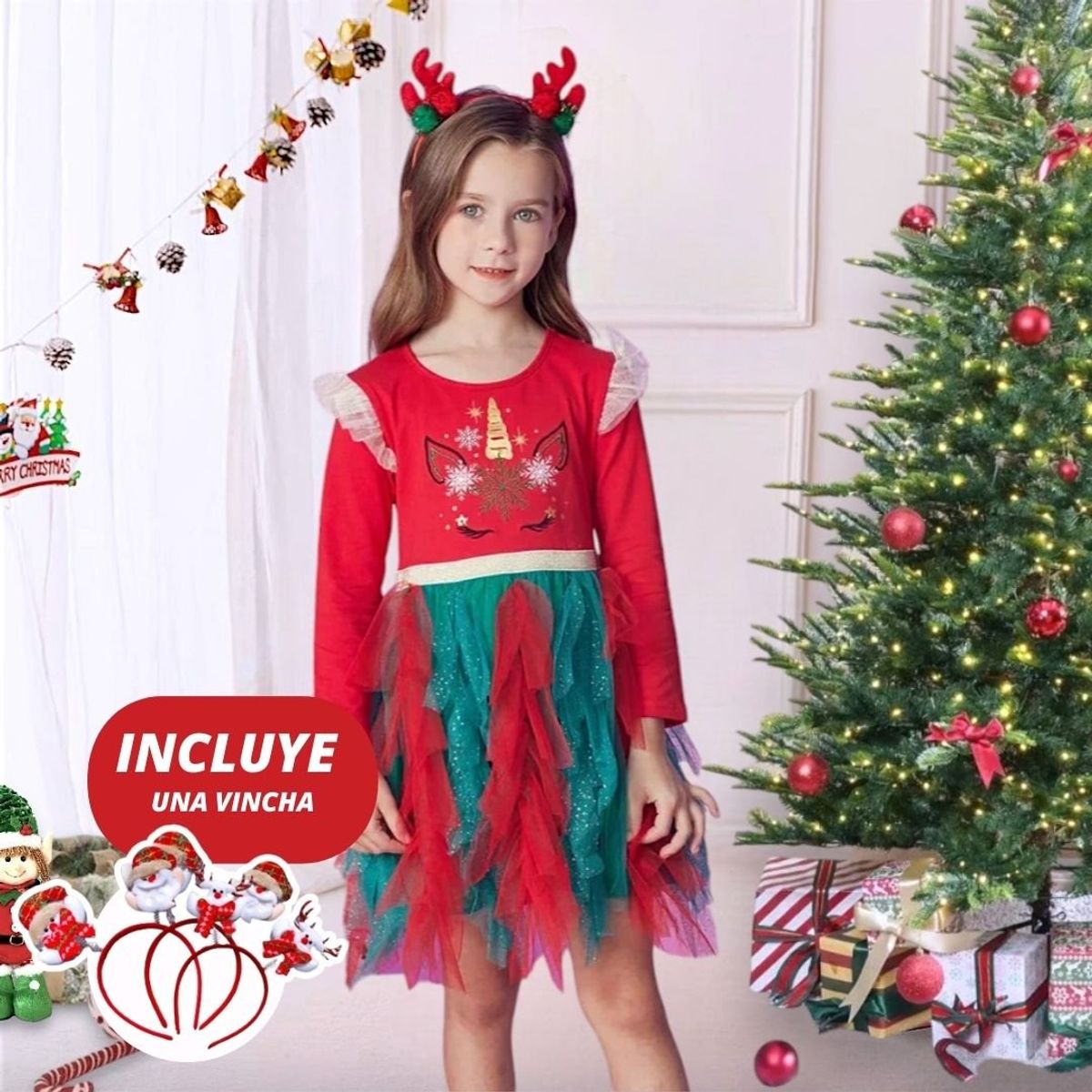 GENERICO - VESTIDO NAVIDEÑO PARA NIÑA - MODELO CASUAL -INCLUYE VINCHA