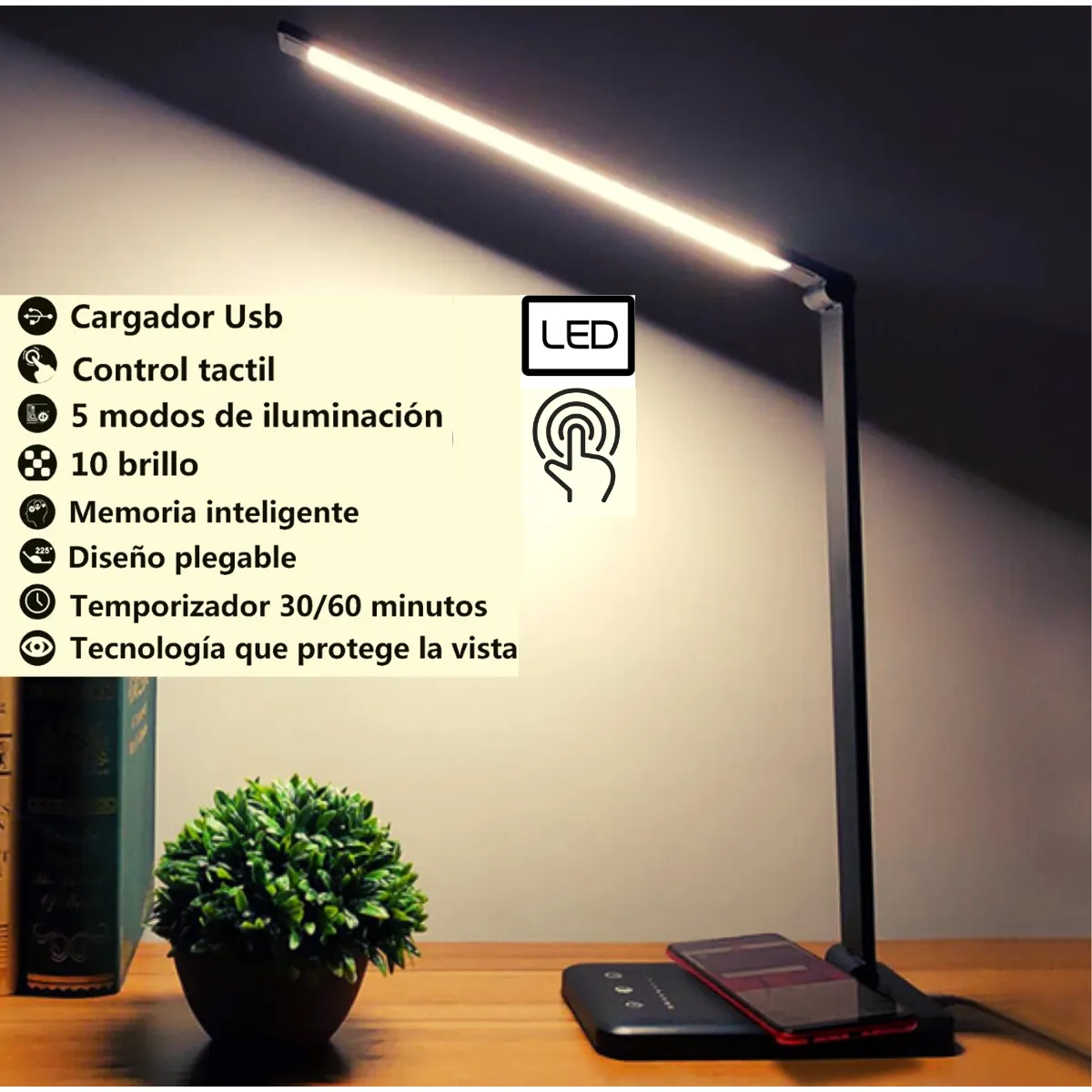 GENERICO - Lámpara De Escritorio Led Con Cargador Inalámbrico