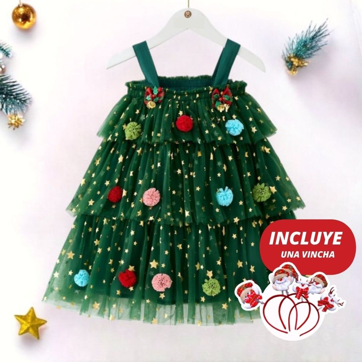 GENERICO - VESTIDO PARA NIÑA Y BEBÉ  DE NAVIDAD - HERMOSO DISEÑO - INCLUYE VINCHA