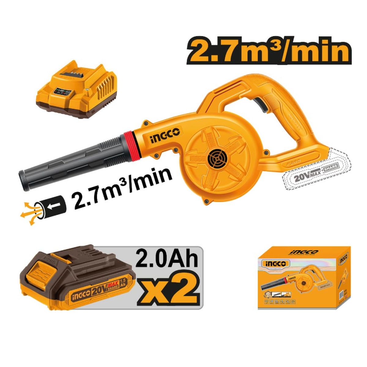 INGCO TOOLS - SOPLADORA INALÁMBRICA INGCO 20V 2 BATERÍAS 2.0AH CARGADOR CABLI200282